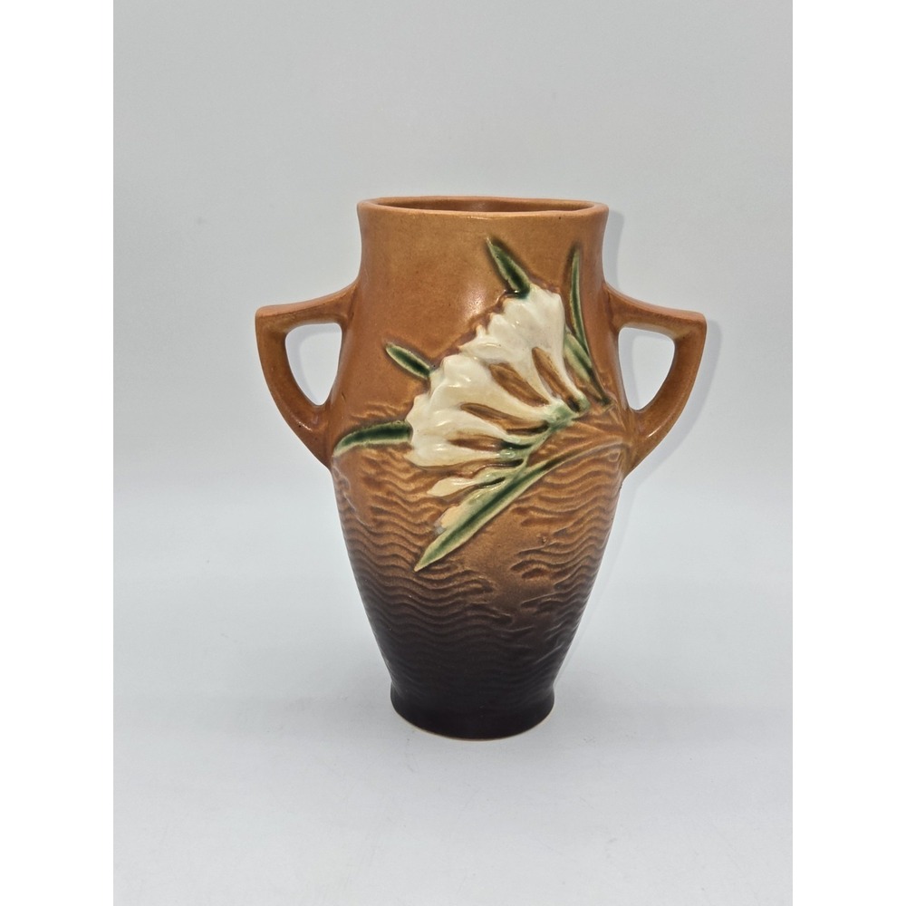 Roseville Freesia Vase 117-6 Double‎ Handle Brown Art Pottery 1940s